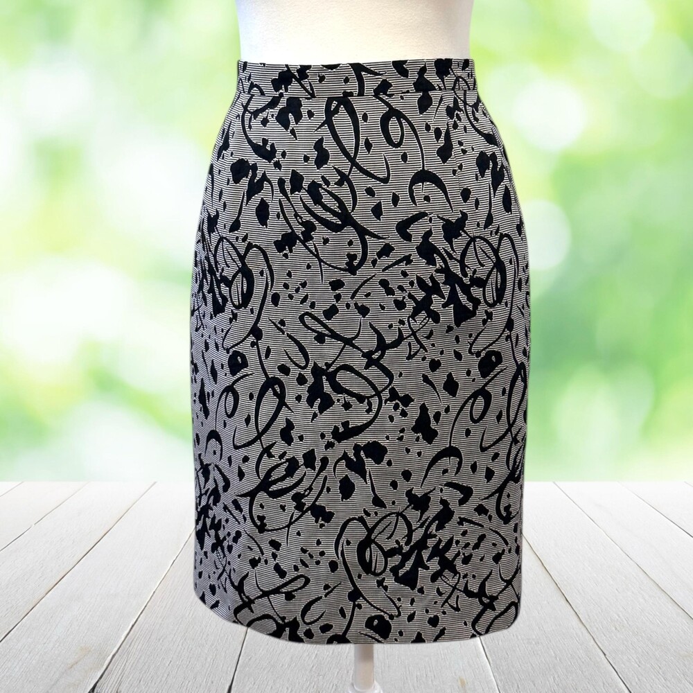 Vtg ESCADA Straight Skirt Abstract Scribble Print Black White Cotton Career Sz 2